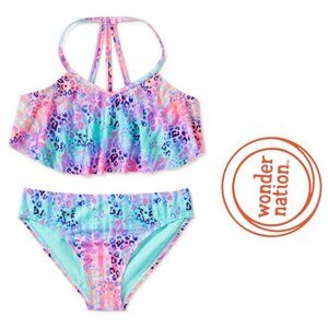 Wonder Nation | Pink and Blue Ombre Cheetah Print Flounce Bikini Set | Size 7/8